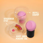 BeeBee Blender starterpakke med ergonomisk håndtak, myk sminkesvamp, ekstra refill-svamp og ventilert reiseetui.