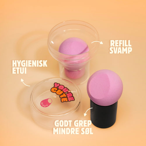 BeeBee Blender starterpakke med ergonomisk håndtak, myk sminkesvamp, ekstra refill-svamp og ventilert reiseetui.
