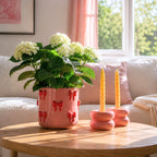 Fargerik blomsterpotte plassert i stue, rosa potte med røde sløyfer på
