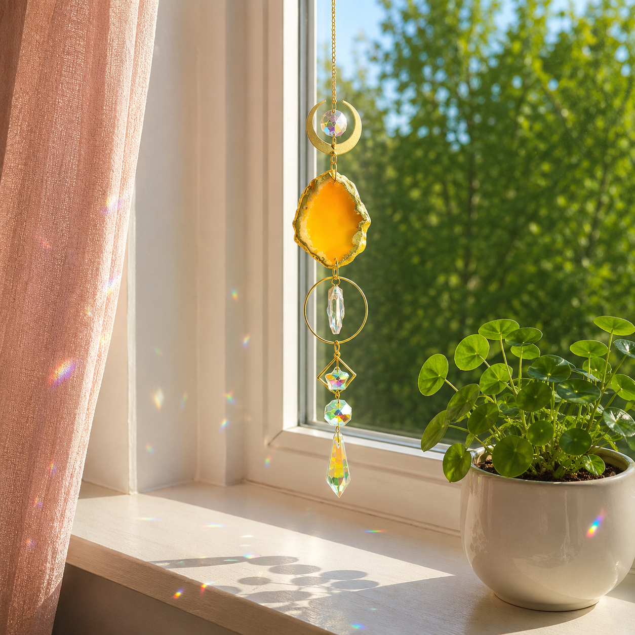 Gul solfanger med glitrende krystaller og naturlig agatstein hengende i et solfylt vindu med varme regnbuerefleksjoner på veggen.