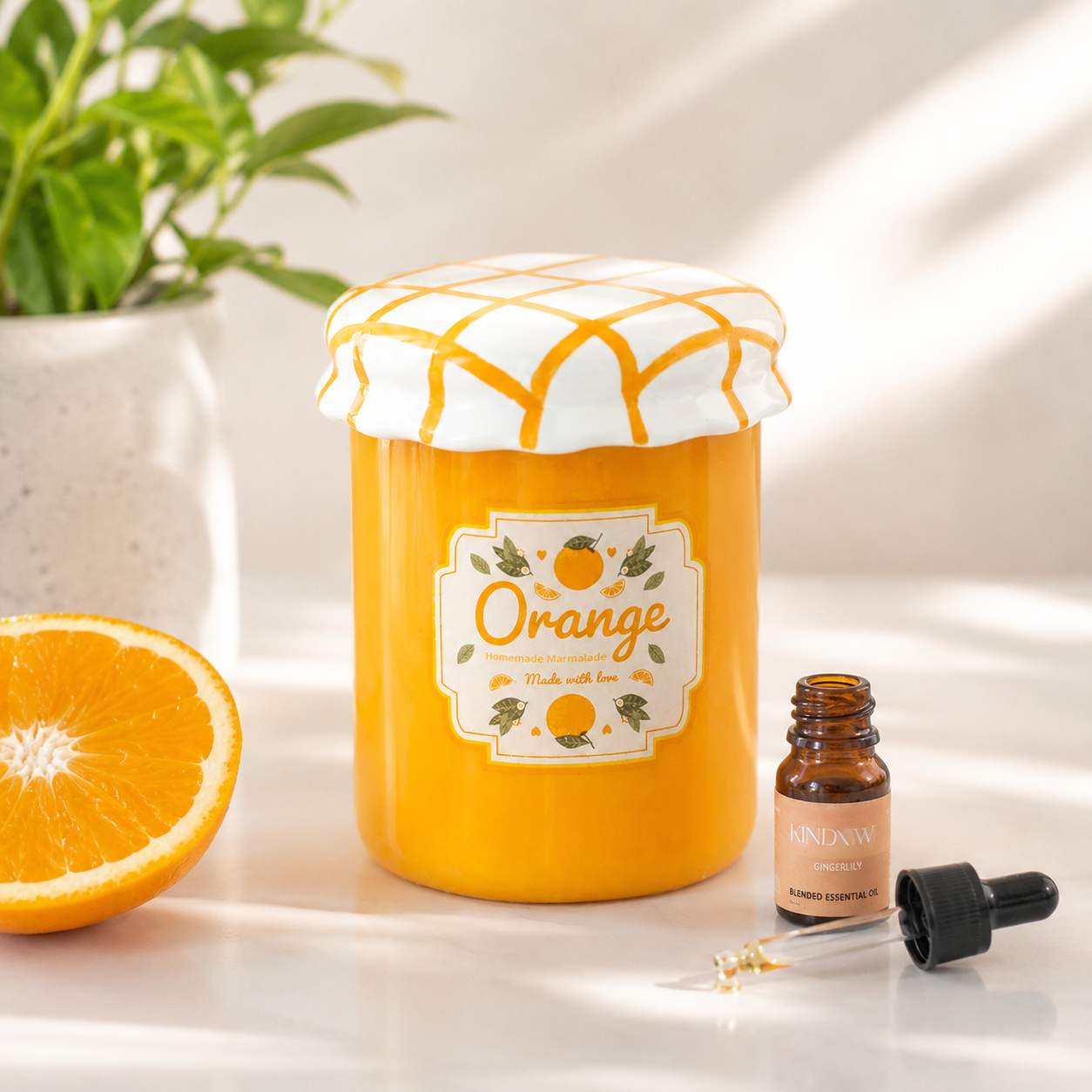 Duftlampe i oransje syltetøyglass-design til wax melts og duftolje